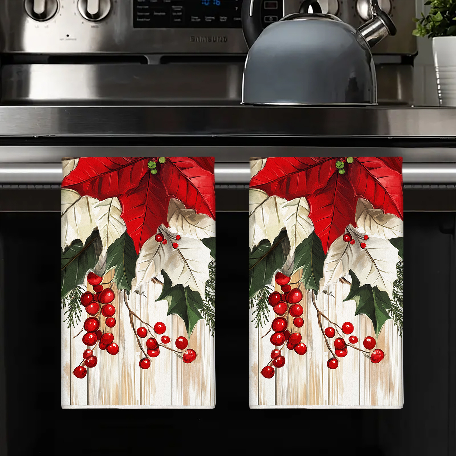 TEMU 2pcs Modern Christmas Poinsettia Kitchen Towel Set - Suitable For Christmas & New Year Gifts, Hand Washable Microfiber Dish Cloths With