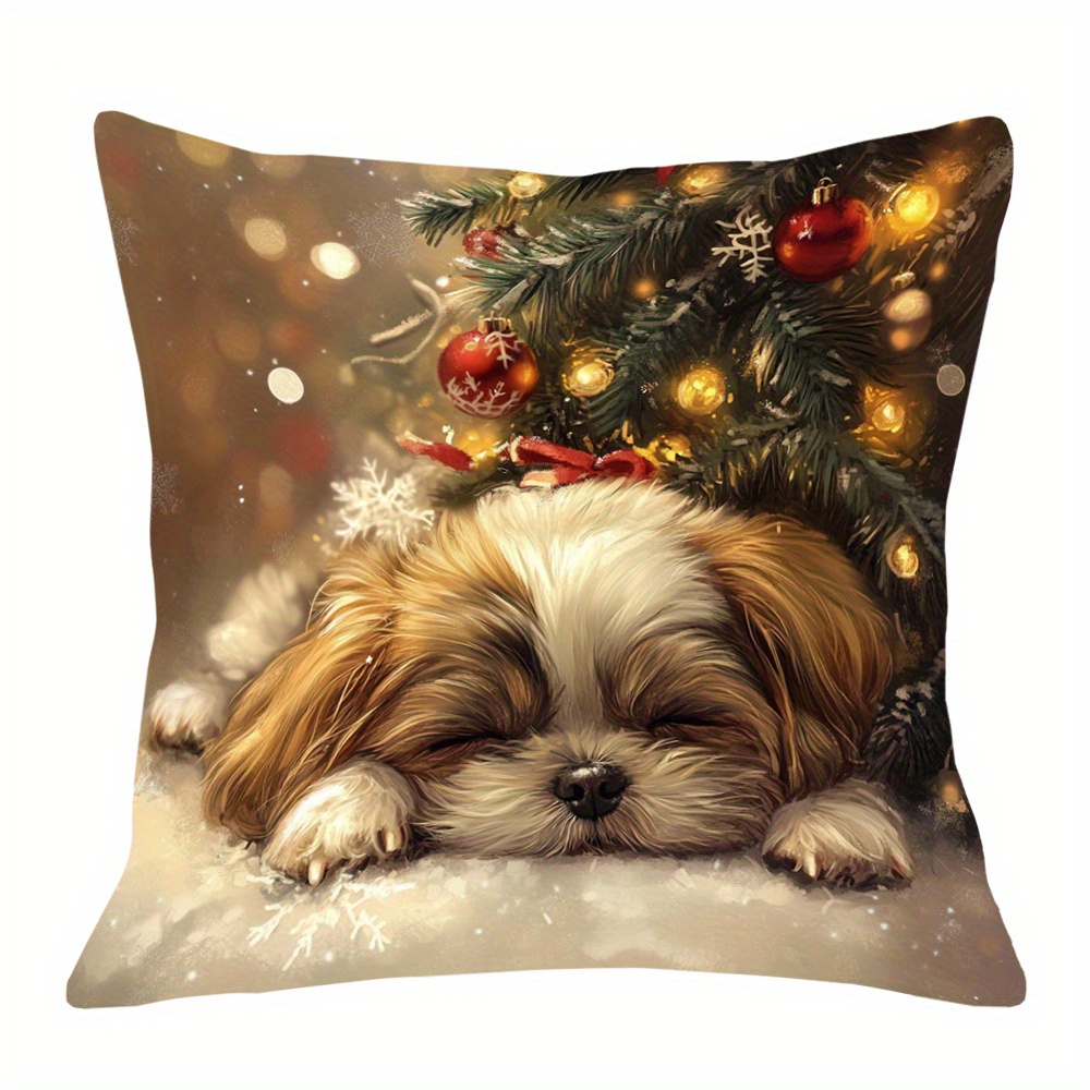 

1pc, 18x18inch Double- Printed Shih Tzu Sleeping Christmas Tree Pillowcase, , Polyester, Zippered For & Bedroom Decor,