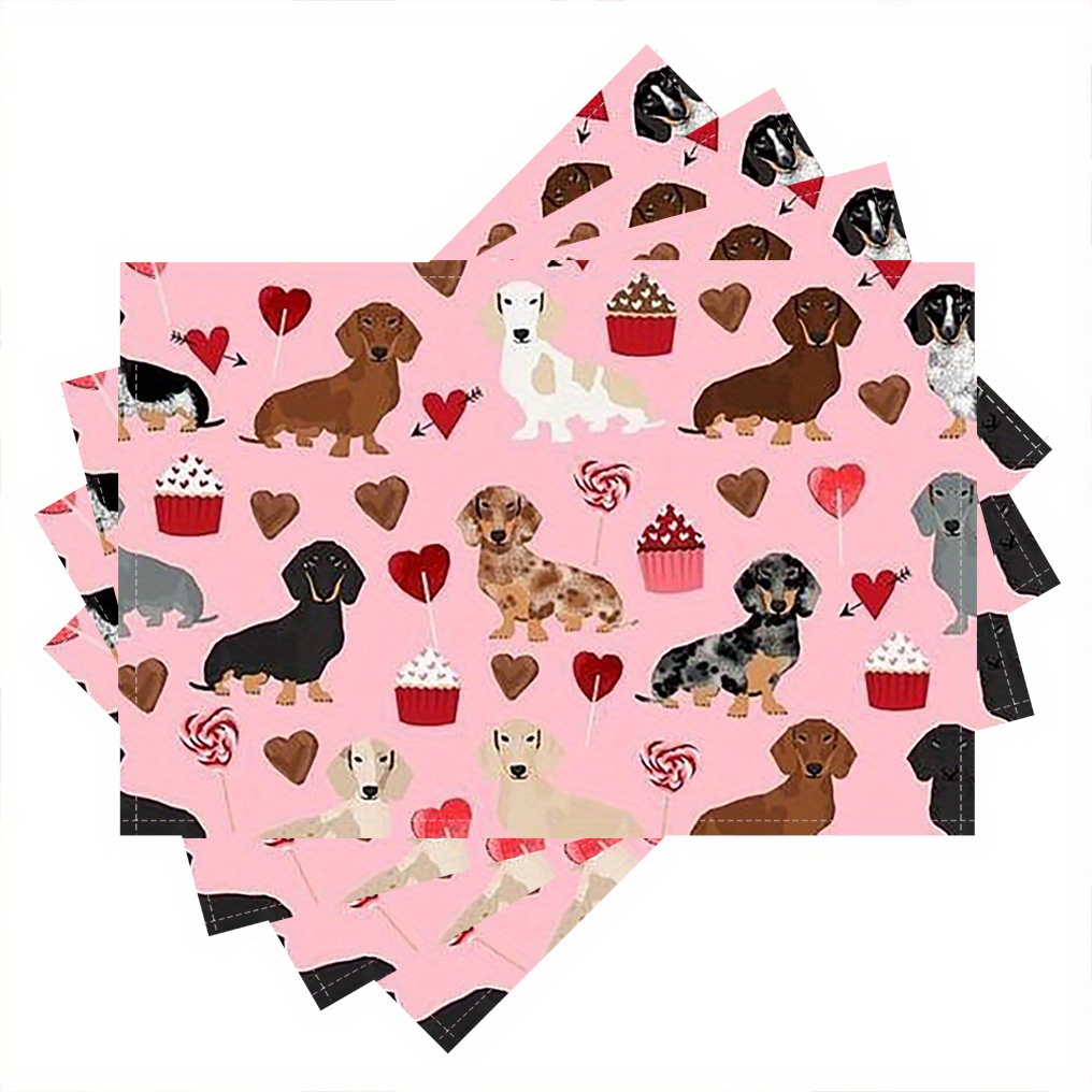 

4pcs Set Dachshund & Linen Placemats - Valentine's Day, Christmas, And Home Decor - Machine Washable, Rectangular Table Mats