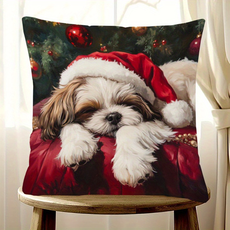 

Shih Tzu Sleeping Christmas 18x18" Plush Pillowcase - Double-sided, Winter Home Decor For Living Room & Bedroom, Machine Washable