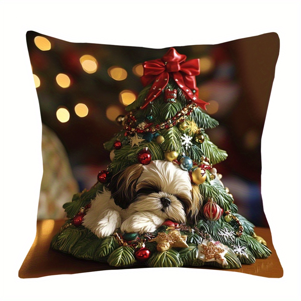 

1pc, Shih Tzu Christmas Tree Pillowcase, 18x18inch, Double- , , Polyester, , , & Bedroom Decor, Asujee3756