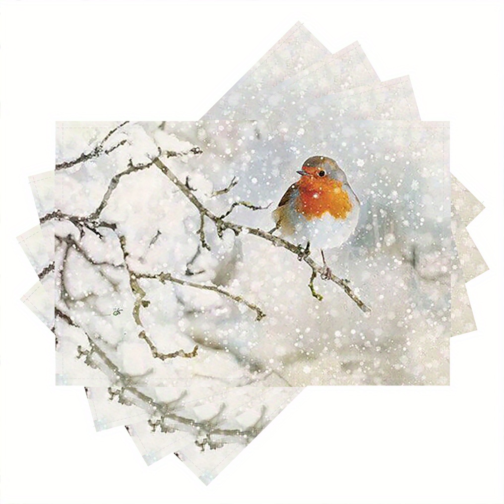 

Winter Robin Bird Scene Linen Place Mats - Set Of 4, Woven Rectangular Table Mats, Machine Washable, Decorative Household Dishware Pads, 12x18 Inches - Mingcc1100