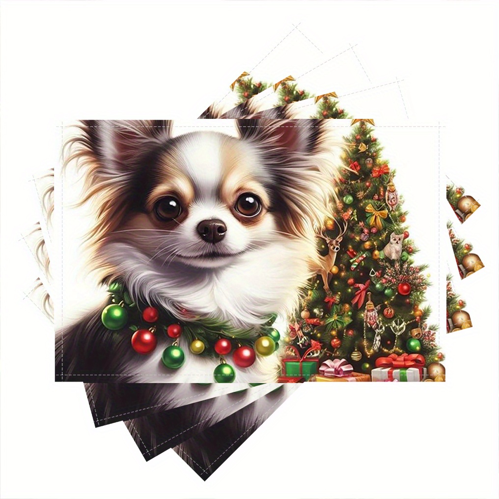 

4pcs Chihuahua Christmas Tree Placemats, 12x18 Inch Rectangular Linen Table Mats, Machine Washable, Woven Decorative Mats For Coffee Table, Dining & Home Decor - Mingcc1030