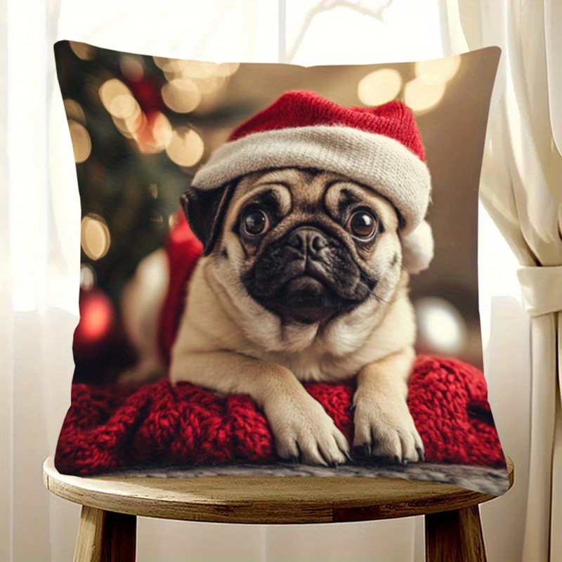 

Cozy Pug-themed Christmas Throw Pillow Cover 18x18" - Soft Short Plush, Double-sided Room & Bedroom Decor