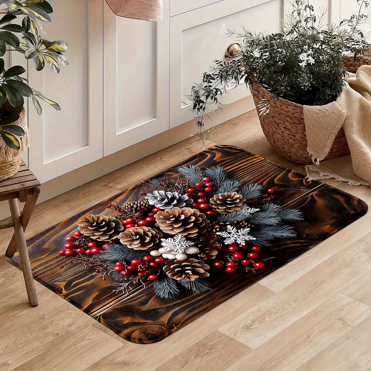 TEMU Pine Cone Wood Grain Berries Christmas Decoration 1.2cm Christmas Floor Mats,christmas Decoration Carpets, Balcony Polyester Carpets, Entrance