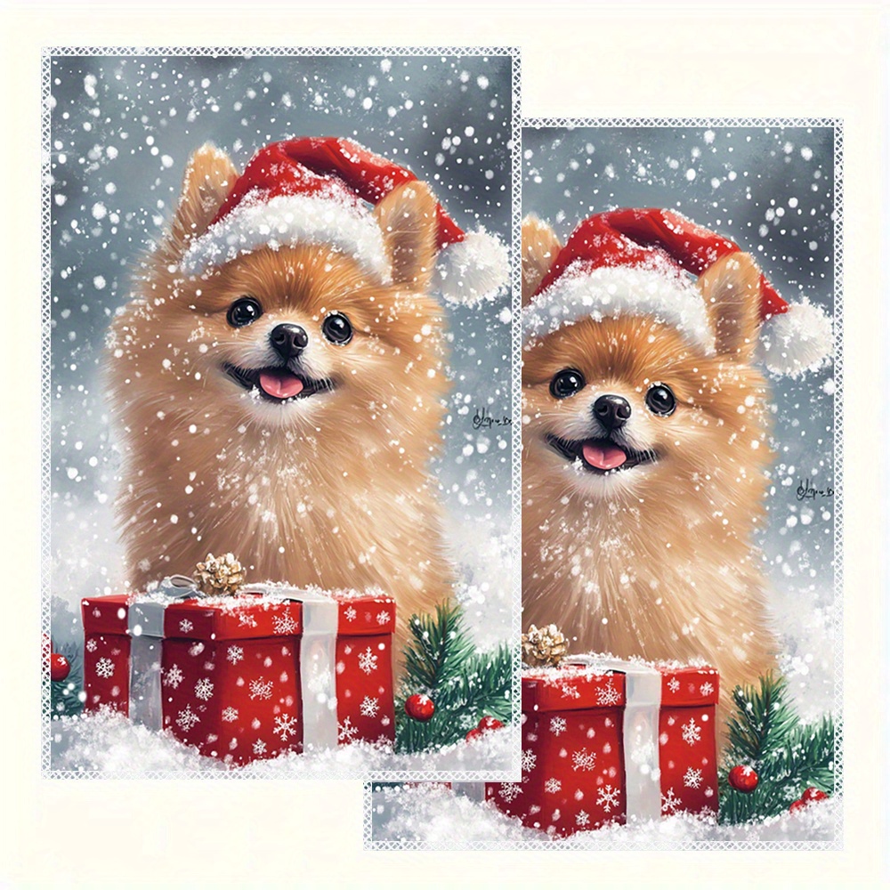 

2- Pomeranian Christmas Dish Towels, Antibacterial Polyester , Rectangular Cleaning Cloths For And ,