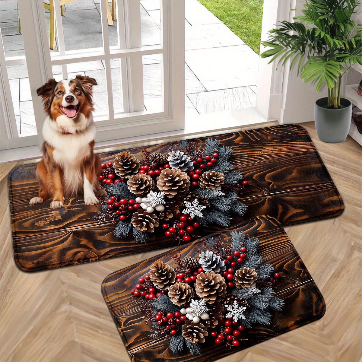 TEMU Pine Cone Wood Grain Berries Christmas Decoration 1.2cm Christmas Floor Mats,christmas Decoration Carpets, Balcony Polyester Carpets, Entrance