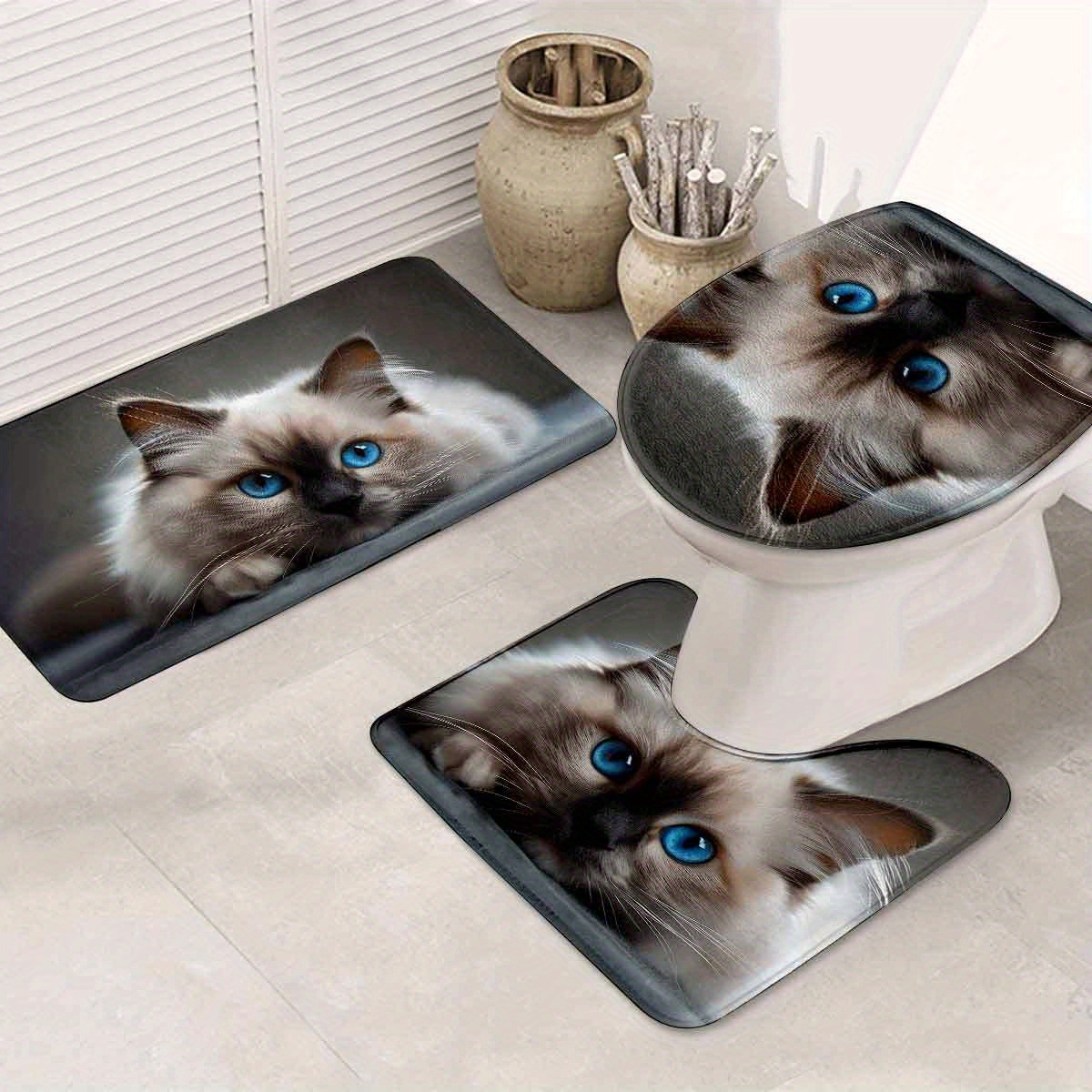 

3pcs Cat Pattern Bathroom Set, Bath Mat, Washable Knitted Bath Rug, Christmas Decor, Includes Bath Blanket, Mat, And Toilet Lid , Bathroom Accessories