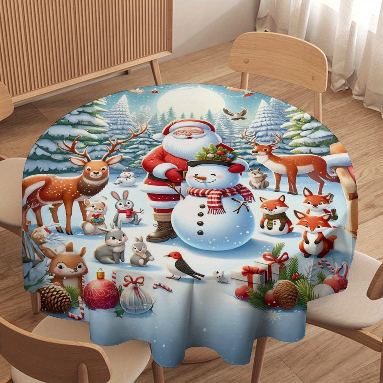 

Merry Christmas Round Tablecloth - Snowman, Reindeer & Snowflake Design | Waterproof & Wrinkle-free Polyester | Holiday Parties & Home Decor | Indoor/outdoor Use