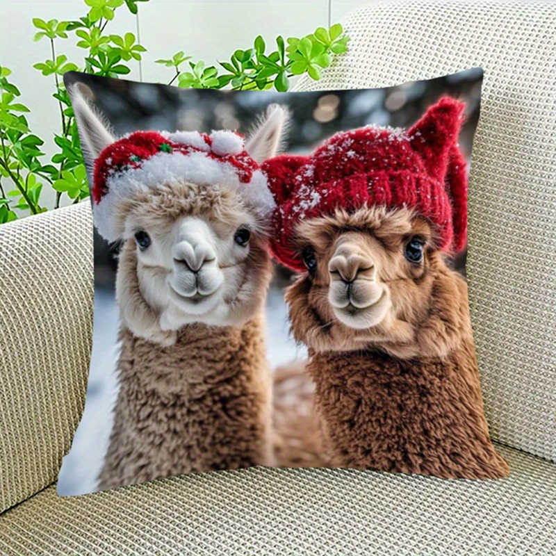 

Alpaca Christmas Pillowcase 18x18" - Soft Short Plush, Double-sided Design For Cozy Decor, Zip Closure, Machine Washable, Winter Wall Decorations For Home