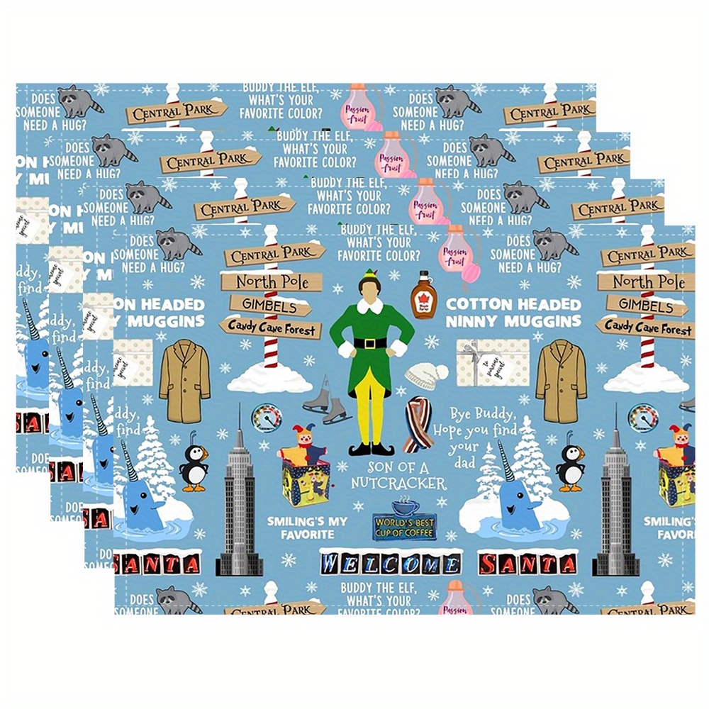 

4pcs Buddy The Elf Collage, Suitable For Dining Table Kitchen Party Indoor Festival Dinner Party And Home Decoration Table Mat 12x18 Inchesyqycp439