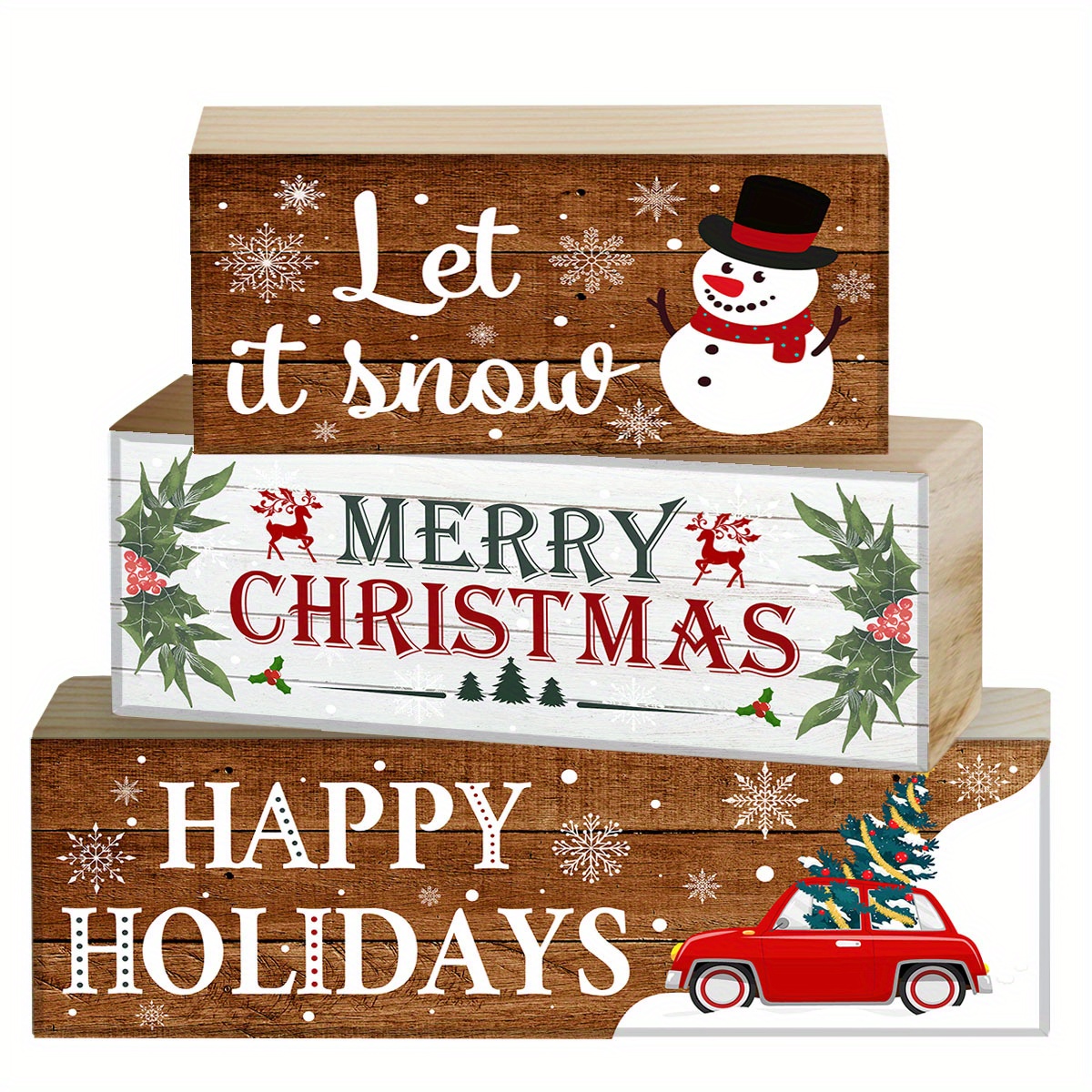 Image of 3pcs Snowman Wood Strip Ornaments - Christmas Winter Desktop Decorations - Beautiful And Compact Tray Decorations - Suitable For Home, Bedroom, Living Room, Kitchen Display