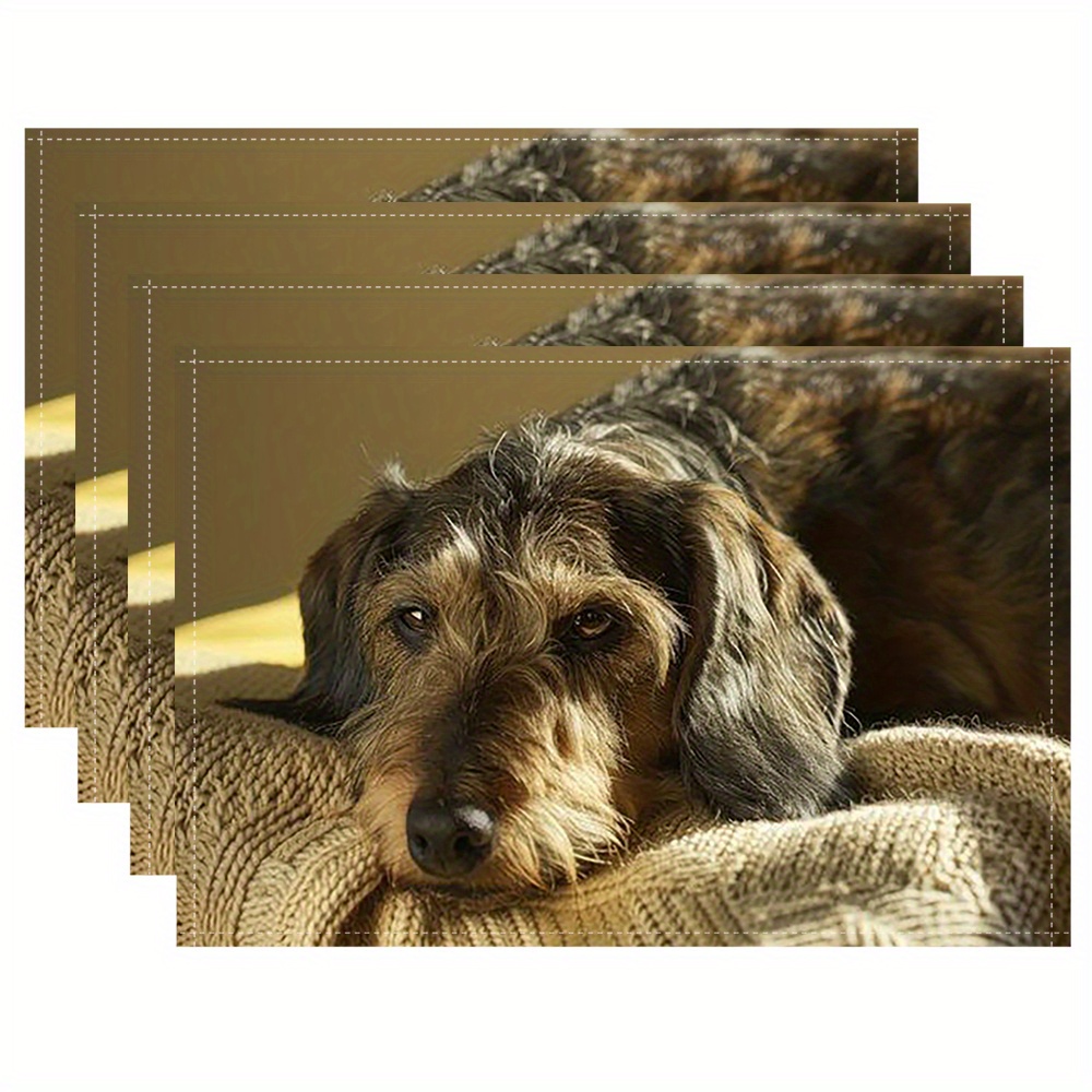 

4pcs, Linen Placemats, 12x18 Inch Single Sided Print, The Dachshund Lay On A Knitted Blanket Rectangle Table Mats For Kitchen Dining, Halloween Holiday Woven Place Settings_minwul43