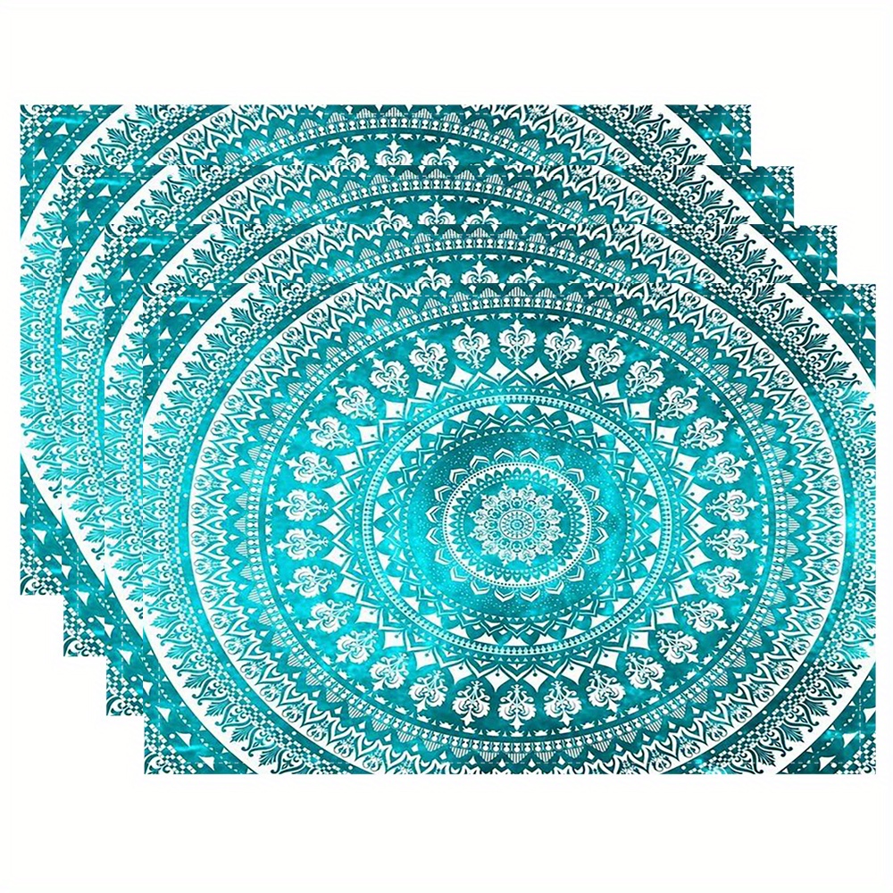 

4pcs Set Linen Placemats - 12x18 Inch, Mandala Turquoise Design, Machine Washable, Kitchen & Dining Decor