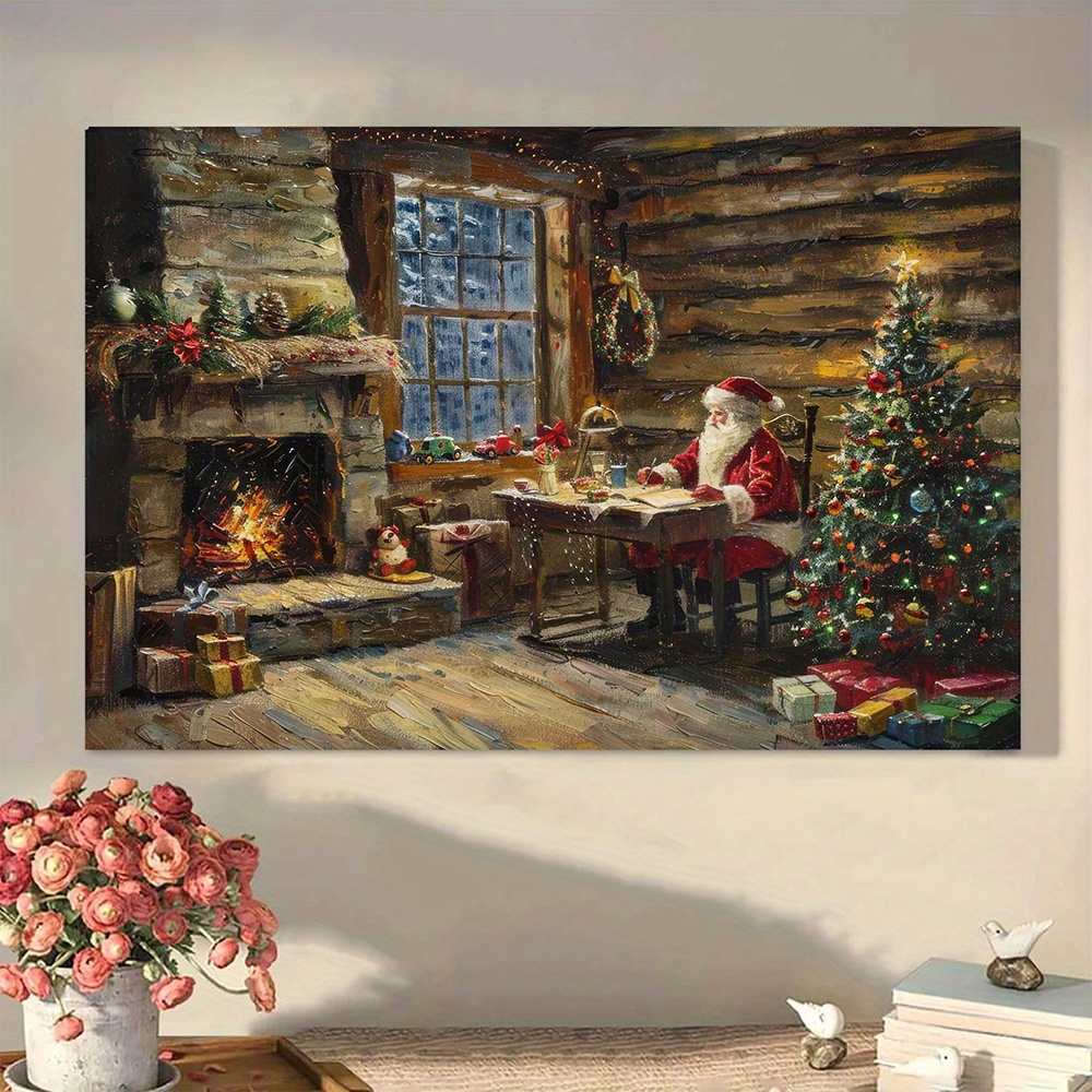 TEMU Santa Claus Christmas Cave Canvas Painting - Vintage Style, Framed Wall Art Print For Home Decor, Gift, Ready To Hang - Ideal For Bedroom