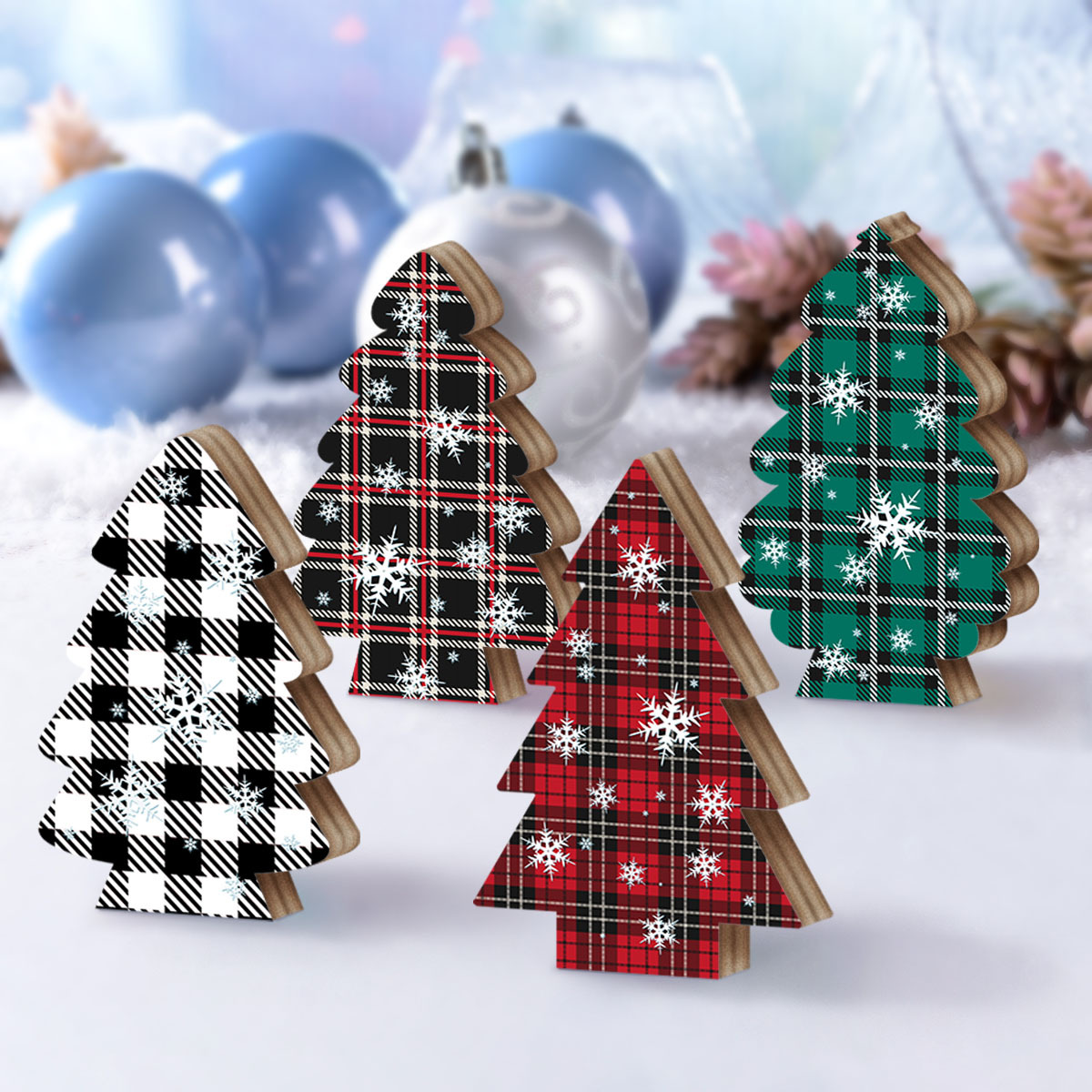 

4-pack Rustic Wooden Christmas Tree Tabletop Decorations - Tiered Tray Design For Home, Farmhouse, Office, Cafe - Holiday Decor For Wedding, Anniversary, Housewarming - No Electricity Needed