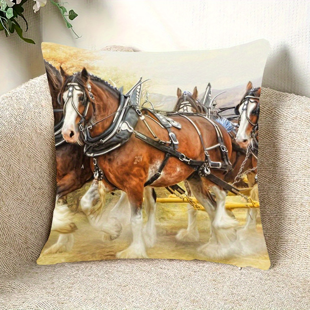 

Vintage Horses In Harness Double-sided Printed Throw Pillow Cover 18x18 Inches, Hand Washable, Zipper Closure, Woven Polyester, Breathable Full Body Pillow Insert For Room Types - 1pc