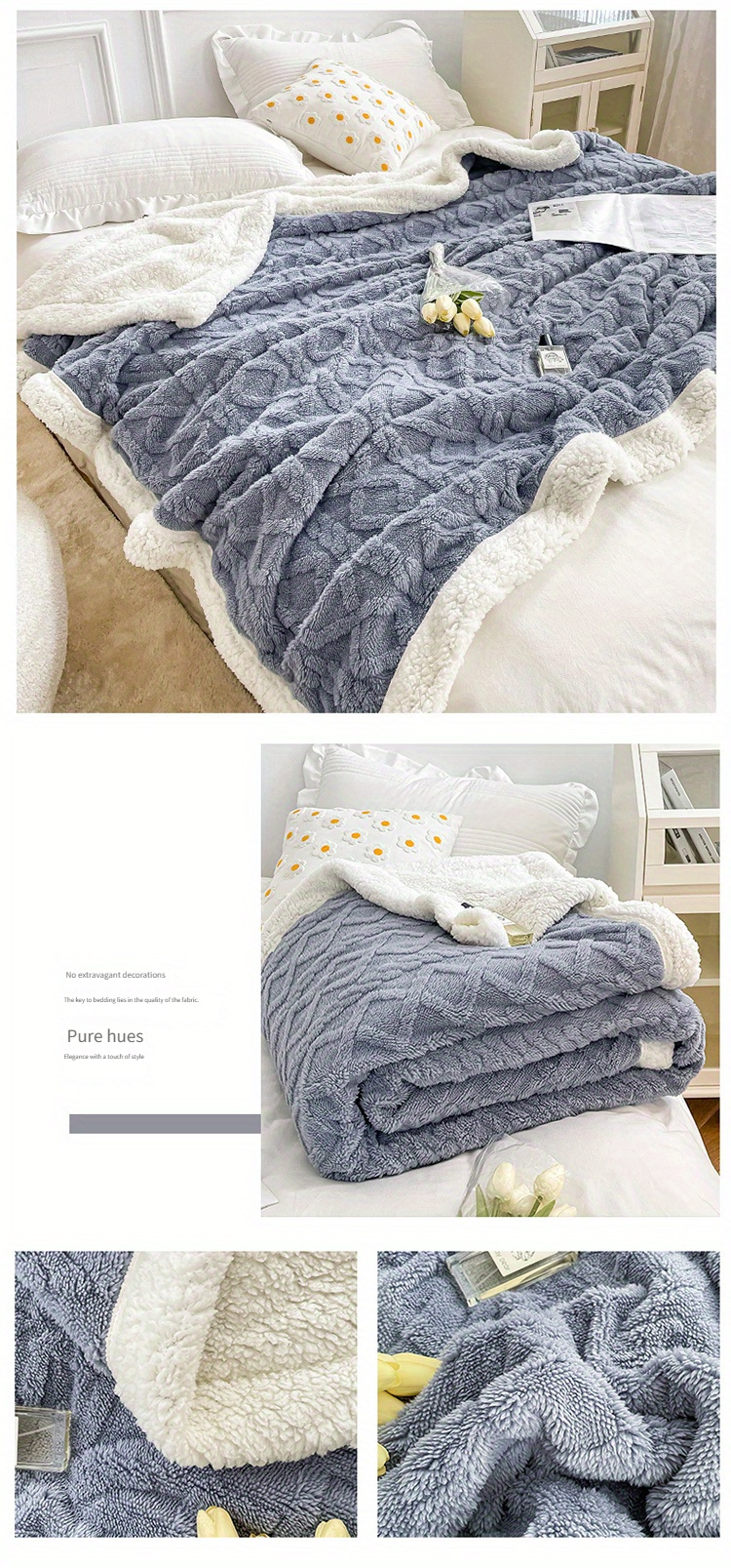 cozy cable knit fleece blanket 150x200cm 200x230cm blue contemporary style machine washable multi purpose for bedroom living room office camping winter use polyester cover 400   square gram details 7