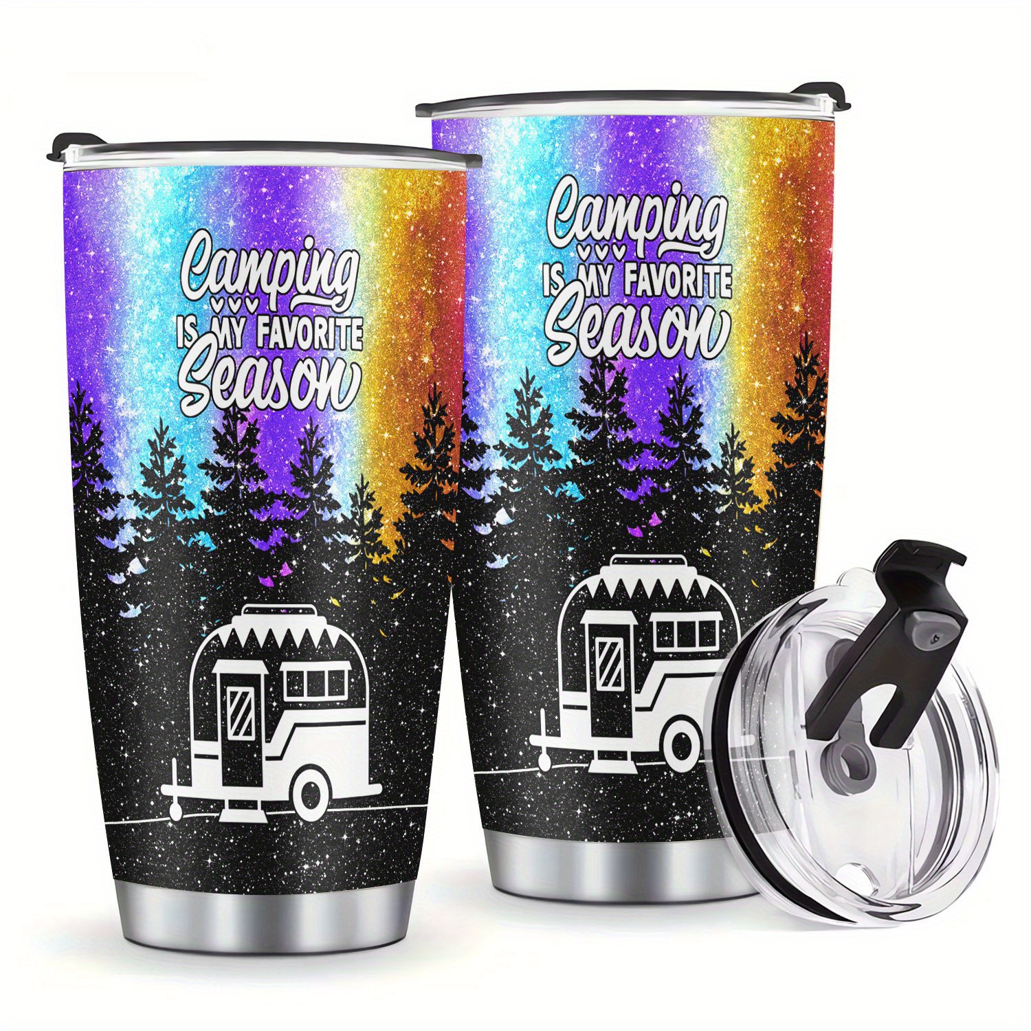 

1pc 20oz Steel , "camping Is " , Double-walled Insulated Cup, Portable Lid, For Hot & , For , , , Use, , No Pvc