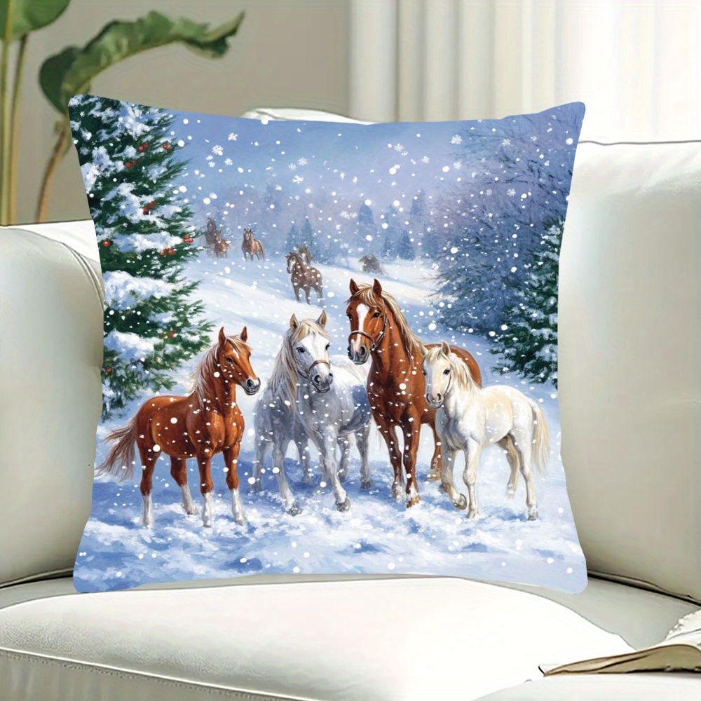 

1pc, 18x18inch, Christmas Horses & Ponies , Double-sided Pillowcase, Contemporary , , Washable, For Sofa, , Bedroom Decor