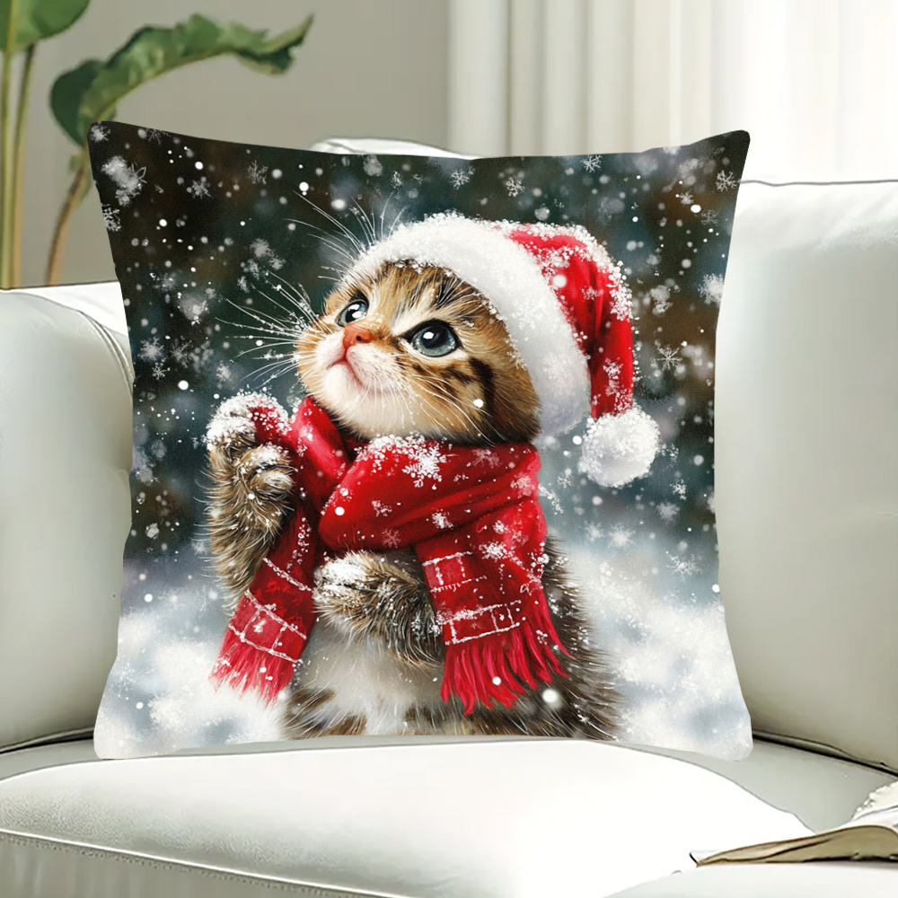 TEMU 1 stuk, Feestelijke Kerstkat Kussenhoes, 18x18inch, Dubbelzijdige , Pluche Werpilow , Boerderijstijl, , Hedendaags Ontwerp, Sluiting,