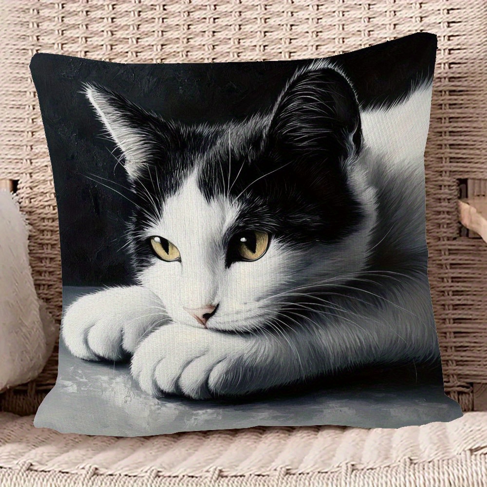 TEMU 1pc Throw Pillow Cover 18x18 Inch, Black And White Cat Painting Style Acrylic Paintin, Double-sided Pattern Christmas Decoration Suitable For