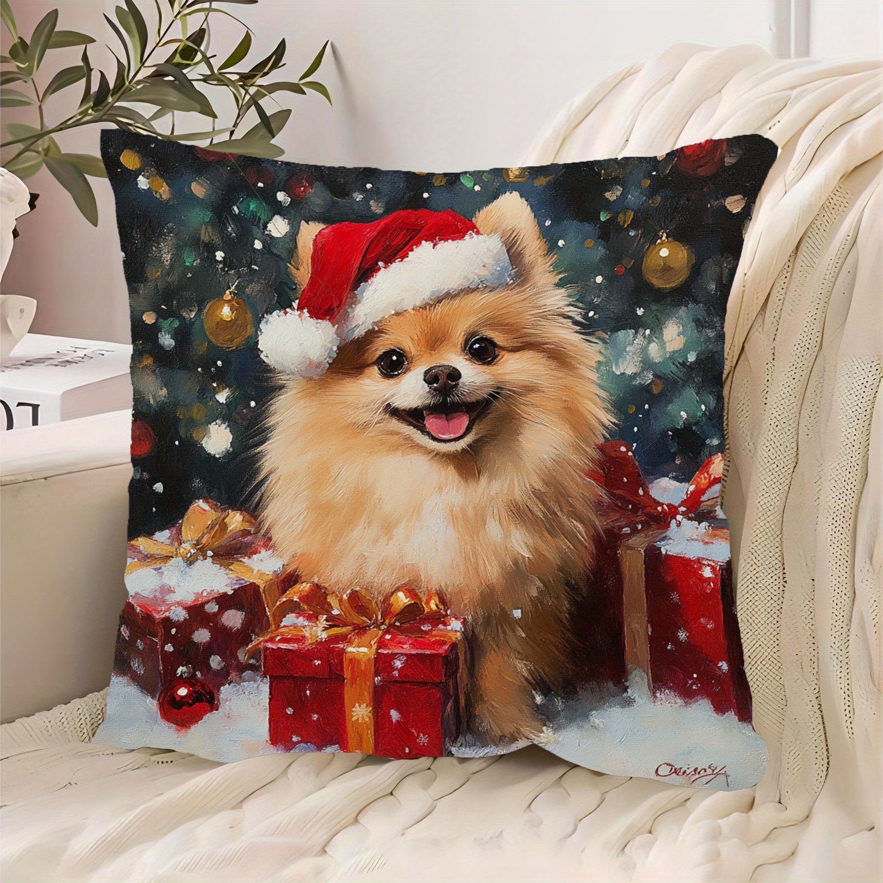 

Pomeranian Christmas 18x18 Inch Plush Decorative Pillow Cover - Soft, Machine Washable For Sofa, Living Room, Bedroom & Office Decor