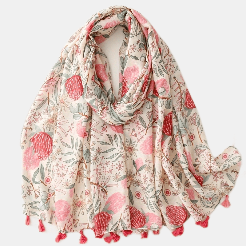 

Soft Viscose Floral Tassel Scarf - Cozy Plant Print Shawl For Women, Lightweight & Breathable Wrap For Outdoor Or Style, Stylish Scarf | Cute Aesthetic Wrap | Scarf, Hair Scarf