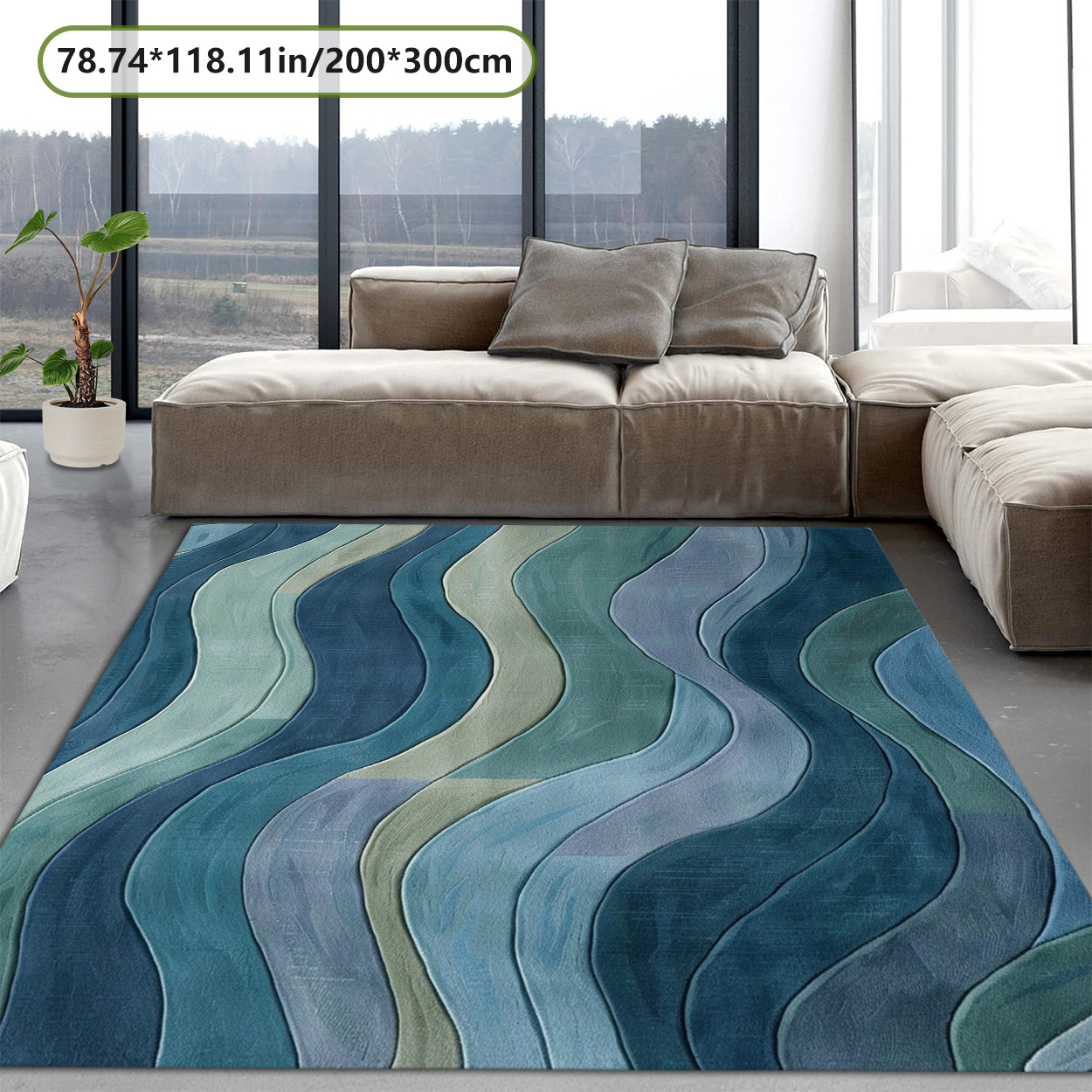 TEMU Zulida Teal And Green Wave Pattern Area Mat - 78.74" X 118.11", Non-slip, Machine Washable, Soft Texture, Versatile For Living Room, Bedroom, Or