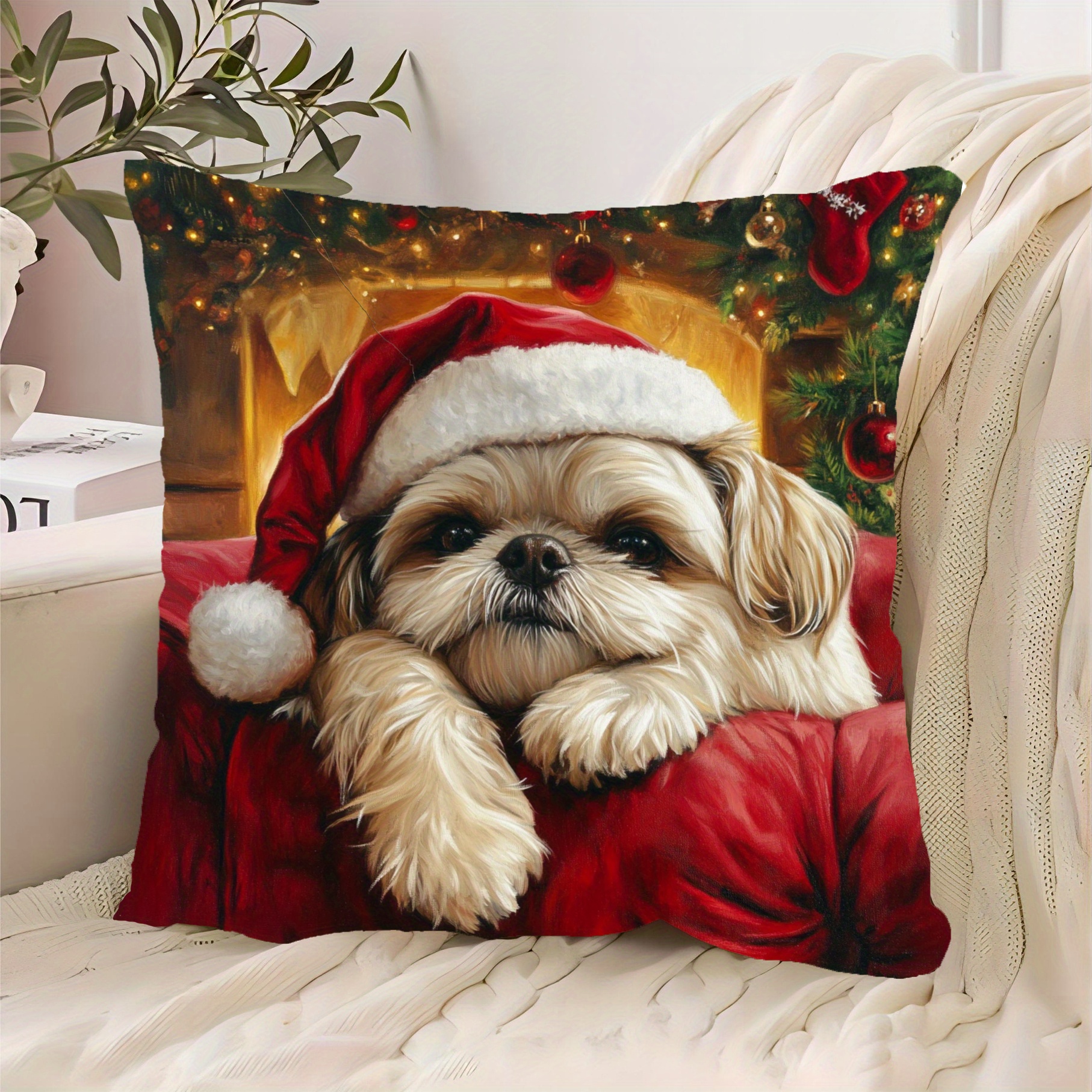 

1pc Christmas Shih Tzu Dog , 18x18 , , , , Polyester, Decorative Pillowcase For , , Sofa, - No