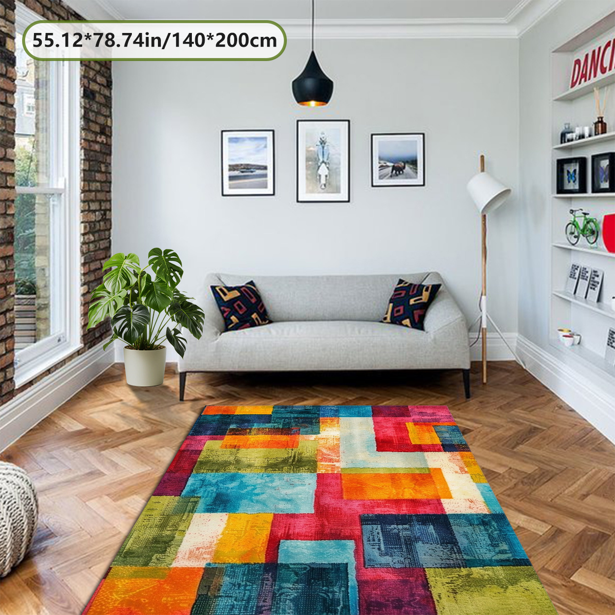 TEMU Zulida 800g Geometric Pattern Rug With Non-slip Point Plastic Backing, 78.74" X 118.11", Vibrant Colors, Machine Washable, Versatile For Living