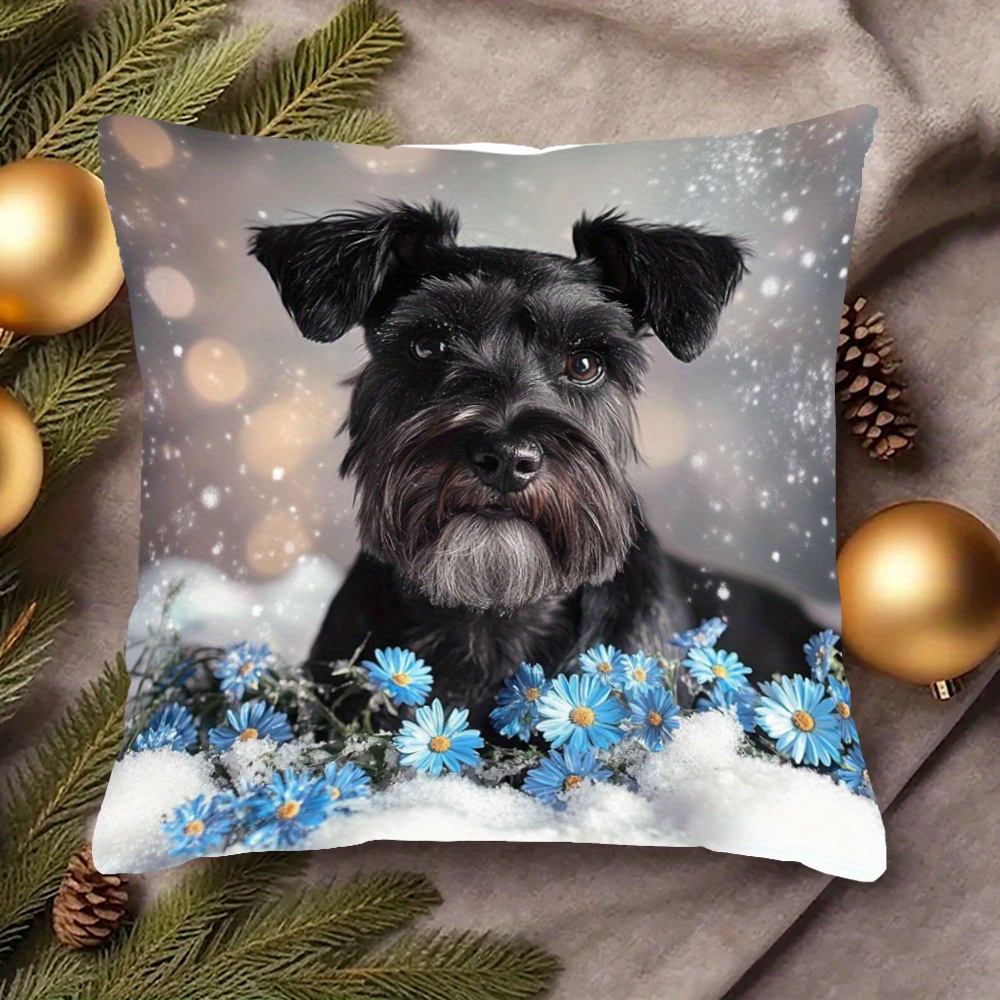 

Cozy 18x18 Inch Double-sided Plush Throw Pillow Cover - Black Schnauzer With Blue Daisies Design For Couch, Sofa, Bed, Or Car - No Insert Included