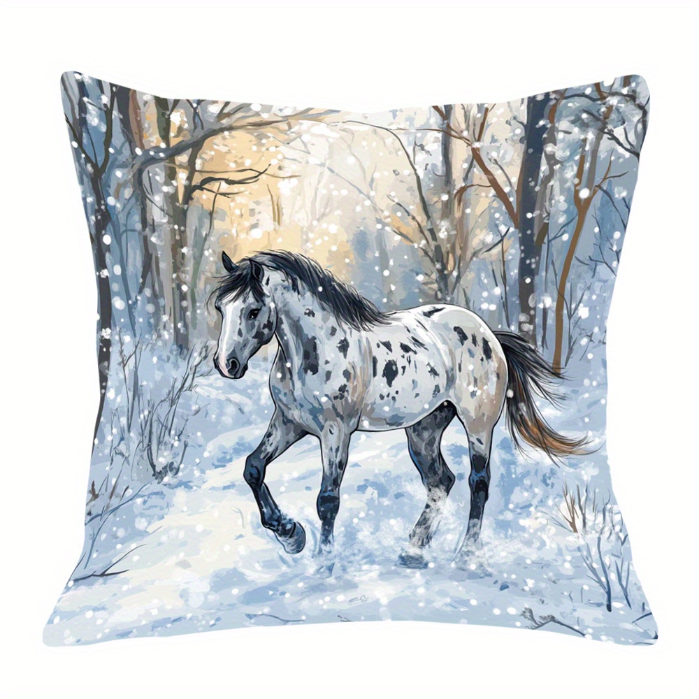 

1pc, Short Plush Throw Pillow Cover, 2 Sided Sided Printing, 18x18 Inch, Horse Winter Drawing In The Snow Background Merry Chirstmas Outdoor Yard Garden Deck Room, No Pillow -atingtai9380