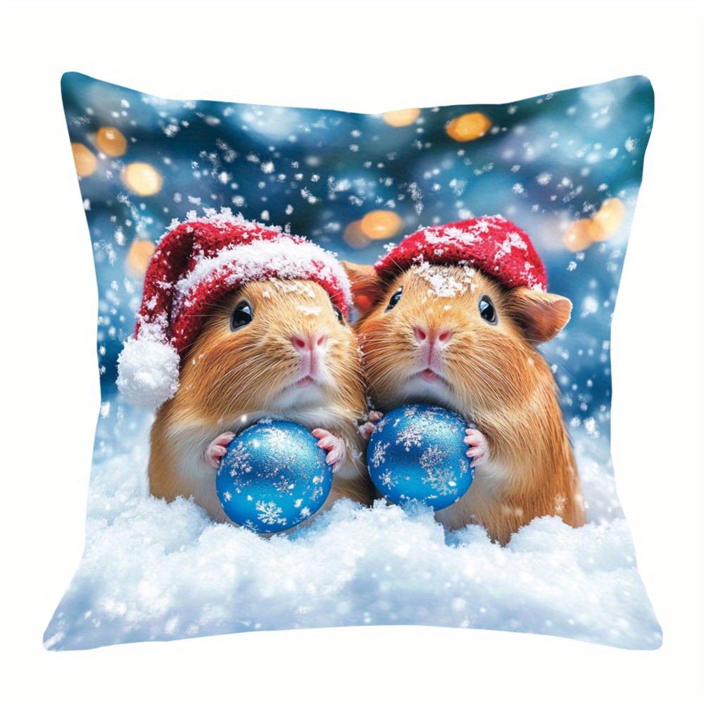 

1pc, Short Plush Throw Pillow Cover, 2 Sided Sided Printing, 18x18 Inch, Guinea Pigs In The Snow Background Merry Chirstmas Outdoor Yard Garden Deck Room, No Pillow -atingtai10190