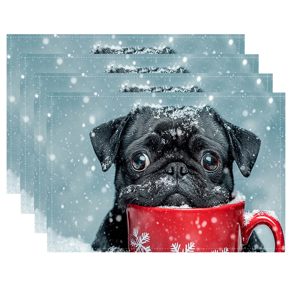 

4pcs Set, Black Pug Mug With Snowy Christmas Background, 12x18 Inch Linen Placemats, Handwash Only, Kitchen Table Mats, Decor, Square, Gbjzai4149-3