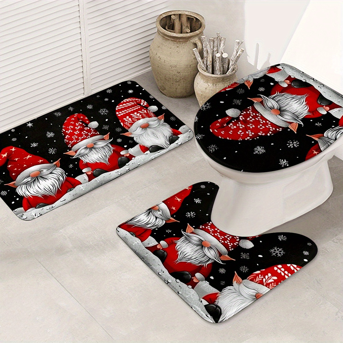 

Christmas Pattern 3pcs Bath Rug Set - , Washable, Knitted Bathroom Mats Including Bath Mat, Pad, And Toilet Lid -