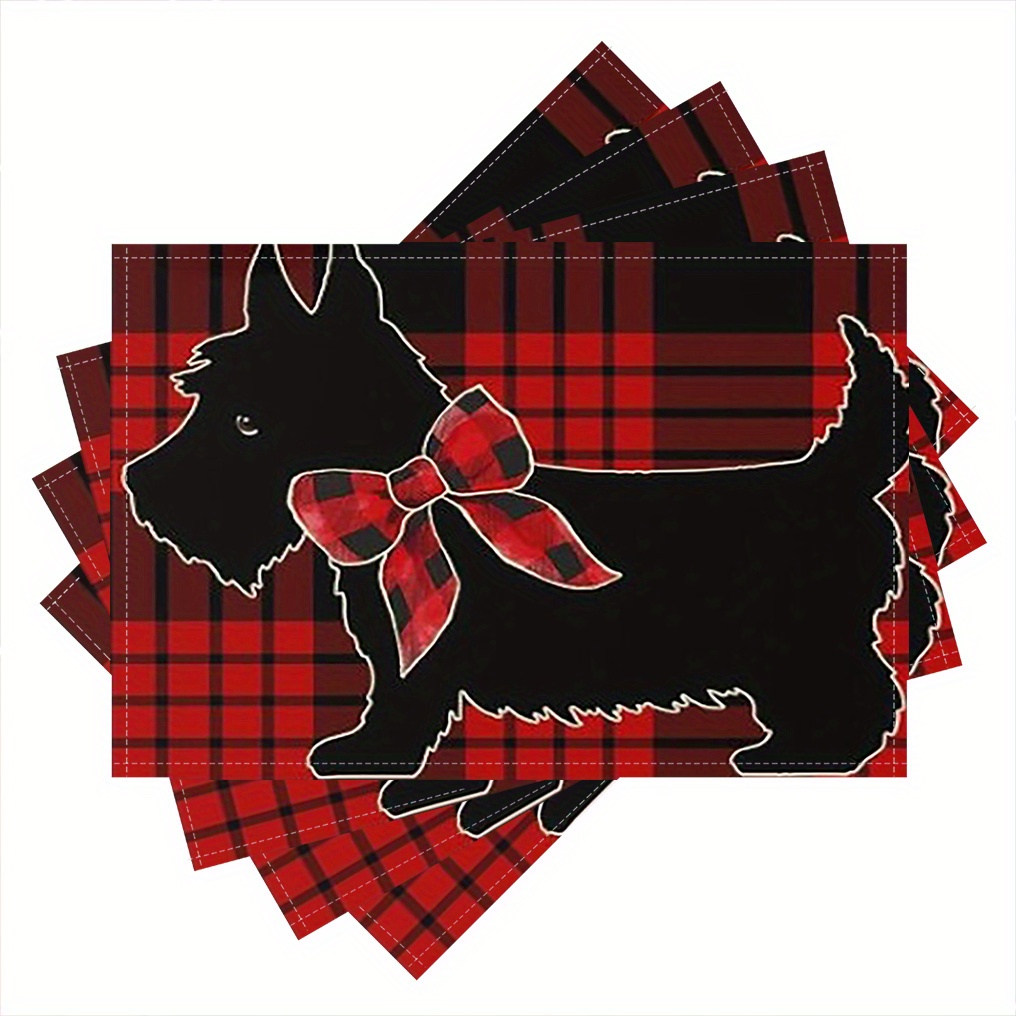 

4-pack Linen Placemats, 12x18 Inches, Scottish Terrier Design, Red Table Mats, Hand Wash Only, Square, Woven, For Dining Table, Kitchen, Party, Indoor Festival, Home Decor