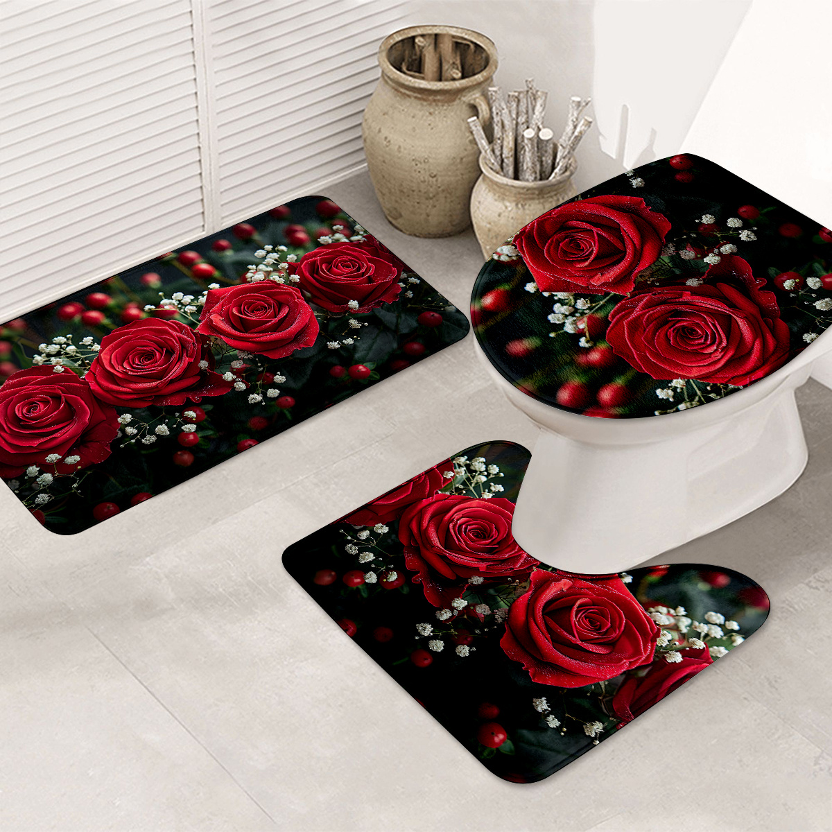 

3pcs Beautiful Pattern Bathroom Rugs, Bath Mat Set, Thickened Non-slip Washable Rug, Bathroom Decorations, Set Includes Bath Blanket, Contour Mat And Toilet Lid Christmas Decoration