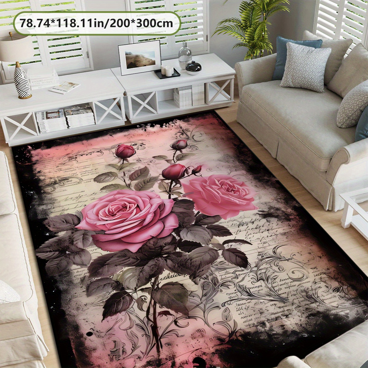 TEMU New Release: European Rose Pattern Modern Home Decor Carpet Made Of 800g Per Plush With A Dotted Plastic Backing Featuring A Patterned Design.