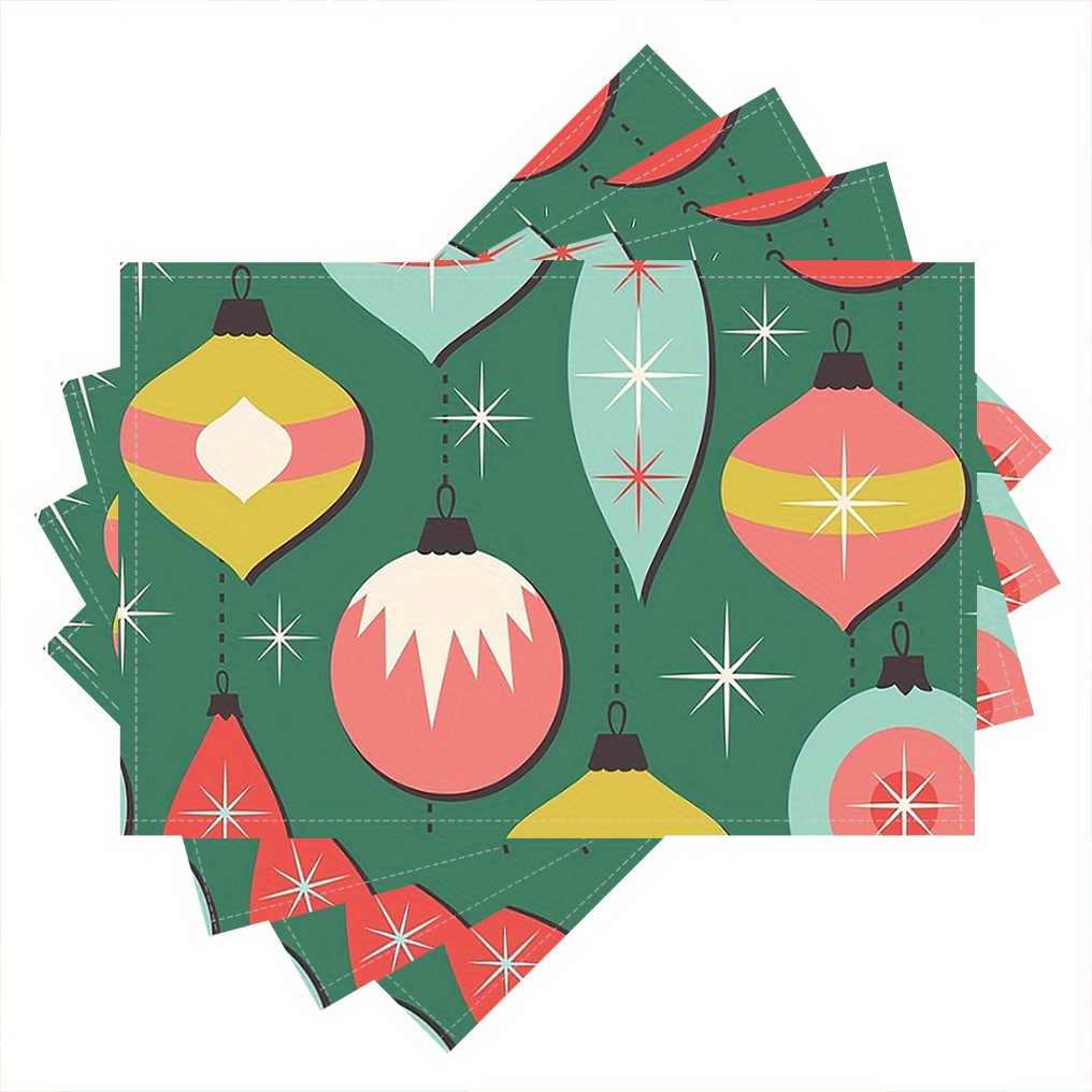 

Set Of 4 Mid-century Modern Vintage Christmas Ornament Placemats - Linen, Square, Woven For Dining & Kitchen Decor, Holiday Parties And Home Decoration, 12x18 Inches