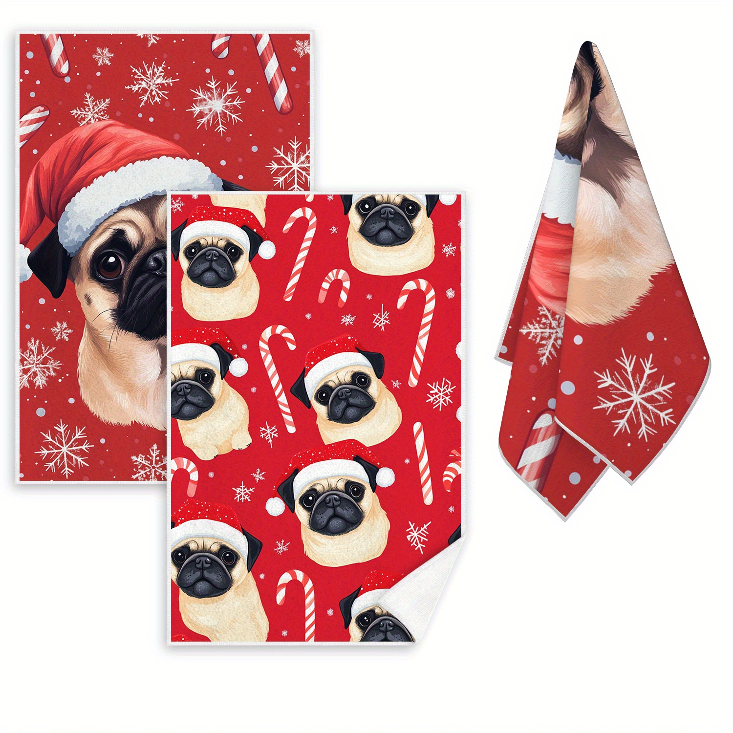 

2 Christmas Pug Dish Towels - Dish Cloths Hat Pug, & - Washable, Kitchen Towels For Cleaning & Drying