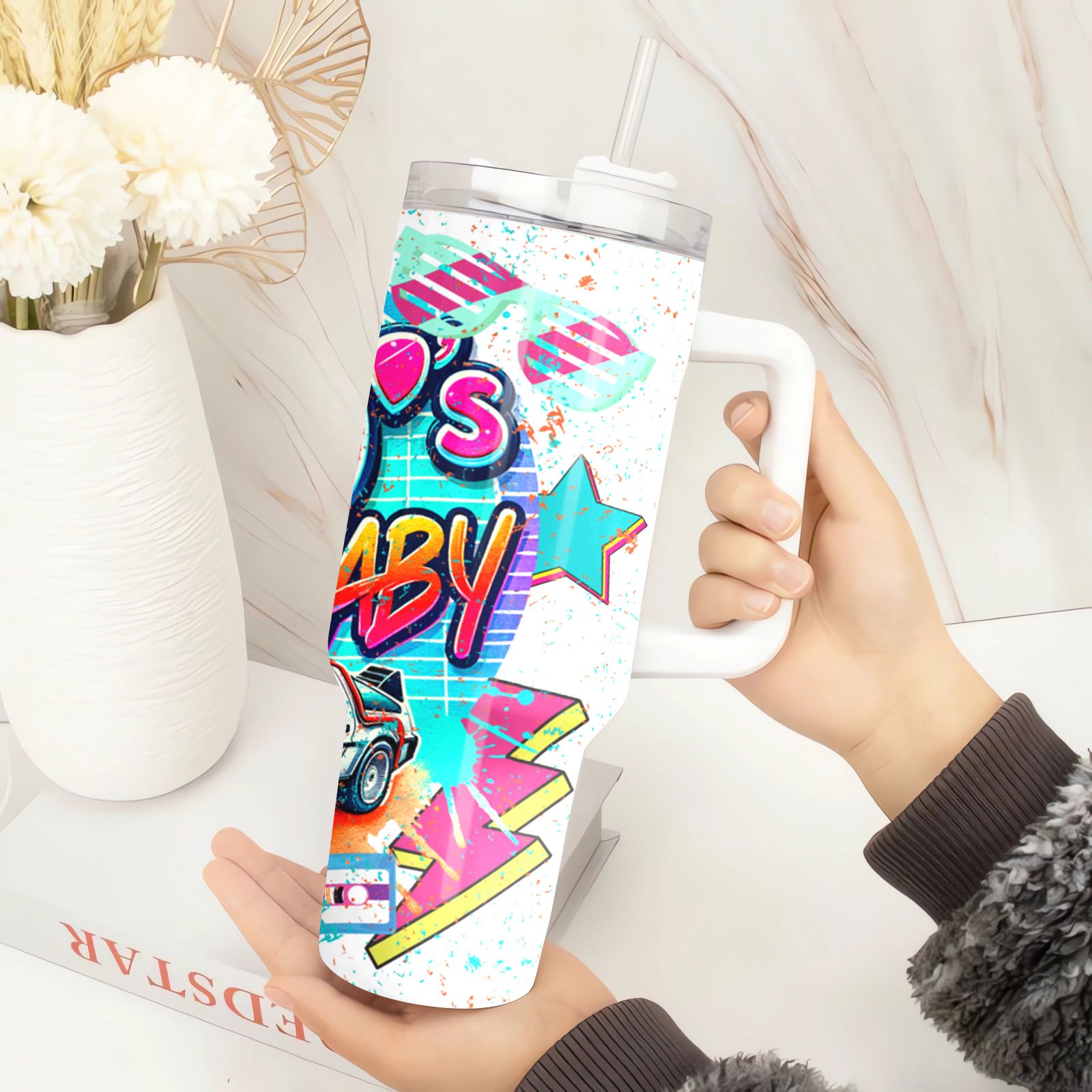 40oz retro 80s theme stainless steel sports water bottle - Temu