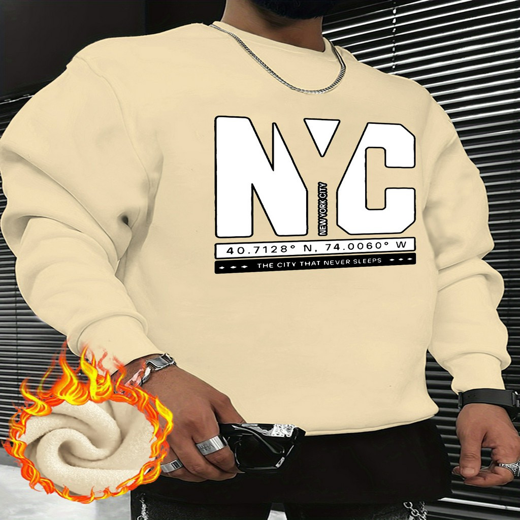 

Nyc Print, Men's Crew Neck Sweatshirt, Streetwear Pullover With Long Sleeves, Slightly Clothing For Men For Fall