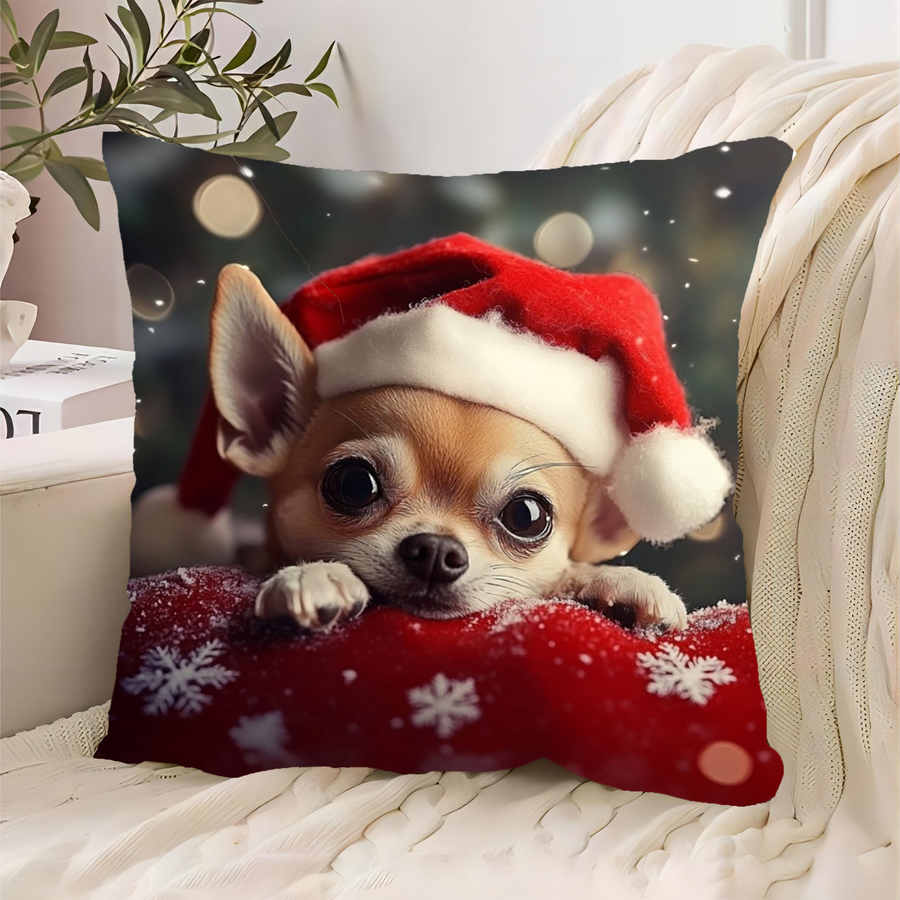 

Chihuahua Merry Christmas 18x18" Polyester Throw Pillow Cover - Zip Closure, Machine Washable For Sofa & Home Decor