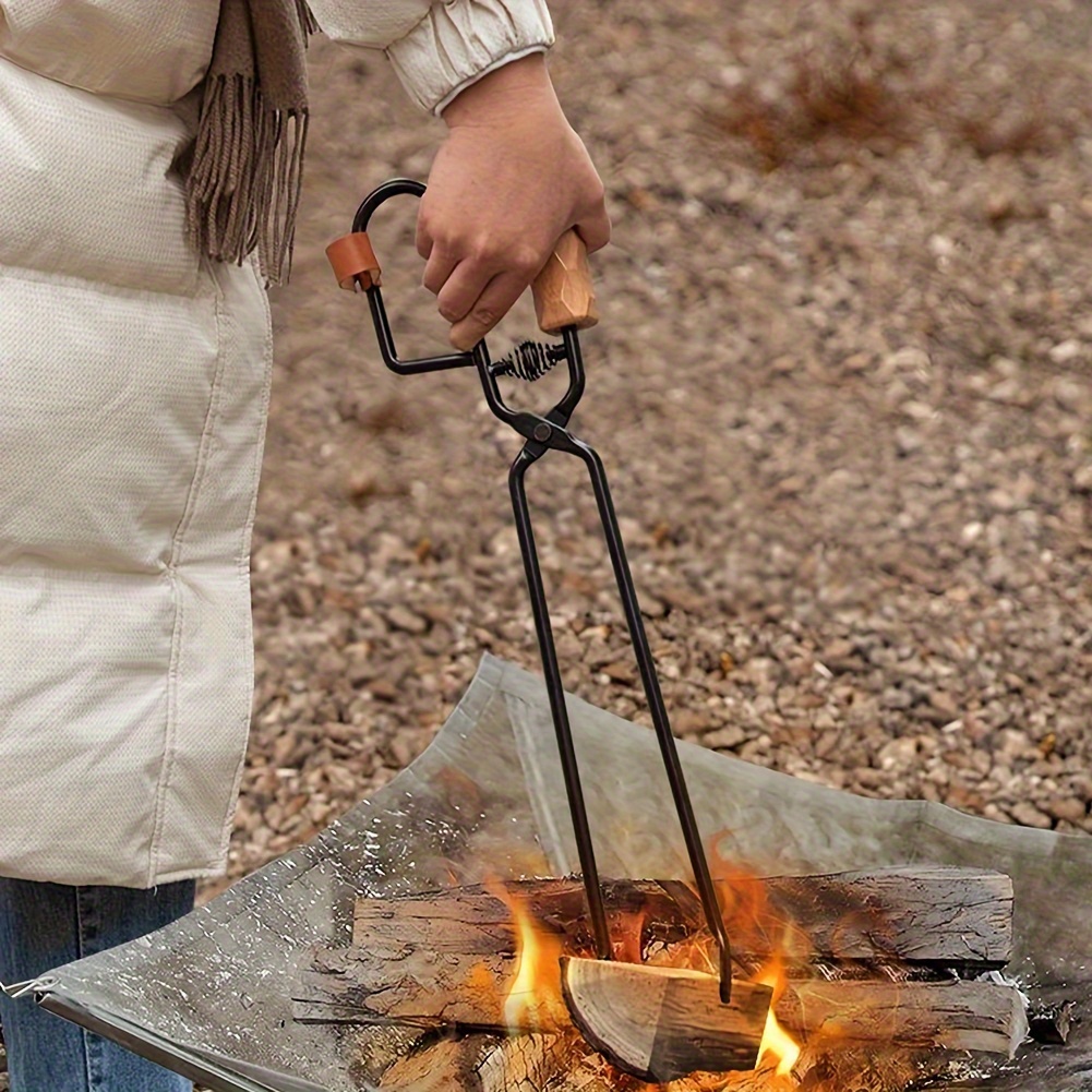 

Iron Campfire Firewood Log Grabber With Solid Wooden Handle - Extra Long Fireplace Tongs For Fire Pit, Bbq Grill Accessory