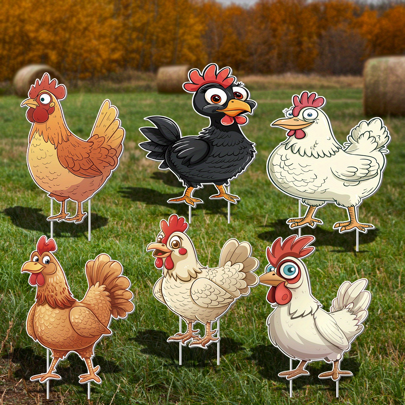 

6-piece Set Cartoon Chicken Yard Signs With Stakes - Multicolored Collectible Figurines For Indoor & Outdoor Display - Weatherproof Plastic Garden Decor For Various Holidays & Room Types