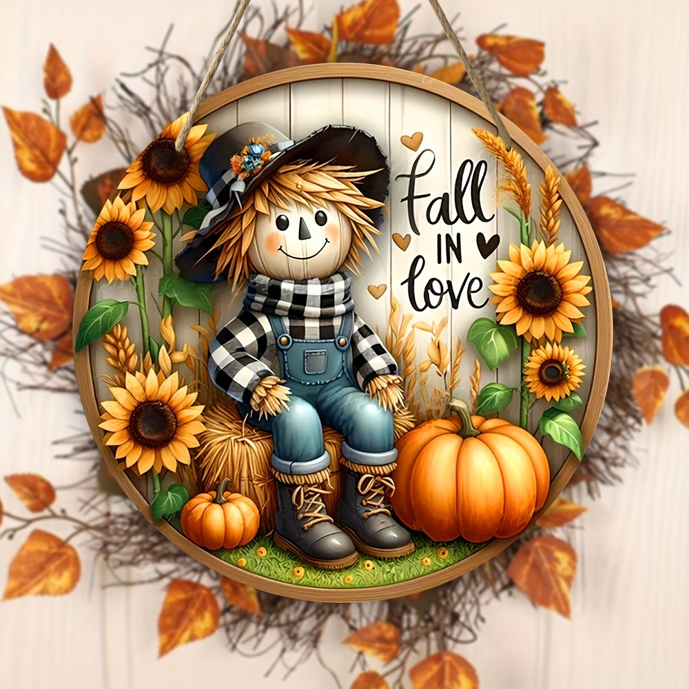 

Charming & Autumn Harvest Wooden Round Door Wreath Sign - 7.9 Inch Wall Hanging Fall Themed Decor For Home, Porch, Garden - Versatile Display With Sunflowers & Pumpkins