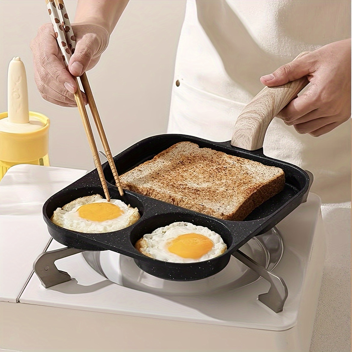 TEMU Versatile Non-stick Aluminum Alloy Frying Pan For Eggs, Pancakes & Steak - Wooden Handle, Compatible With Gas Stove & Induction