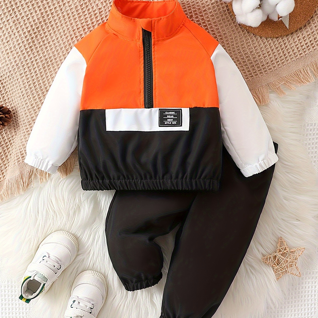 

2pcs Baby's Trendy Color Clash Half Zipper Top & Casual Pants, Toddler & Infant Boy's Clothing Set For Fall Winter