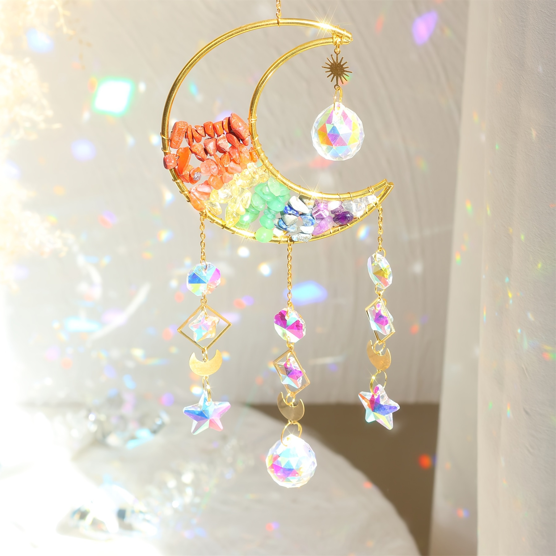 

1pc Crescent Hanging Decor, Rainbow Prism With Beads & Star Accents, Sparkling Light For Home, Garden, Window - No Power Required, Moon Decor